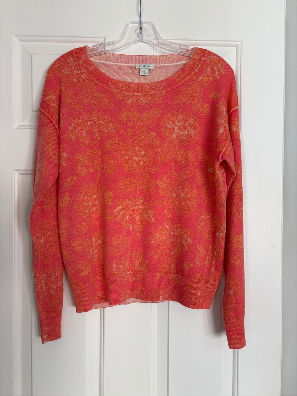 Sundance Coral Pink Orange Floral Print Lightweight Pullover Sweater - Medium